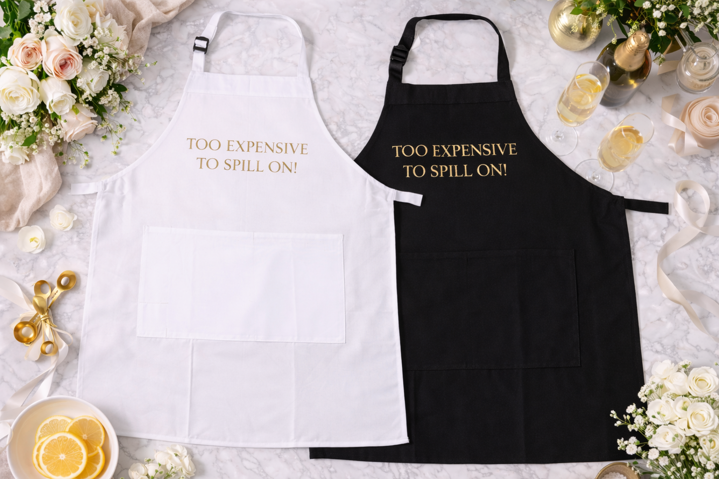 Too Expensive to Spill On Wedding Apron, White or Black with Gold Metallic Text, Bridal Dress Protection Apron
