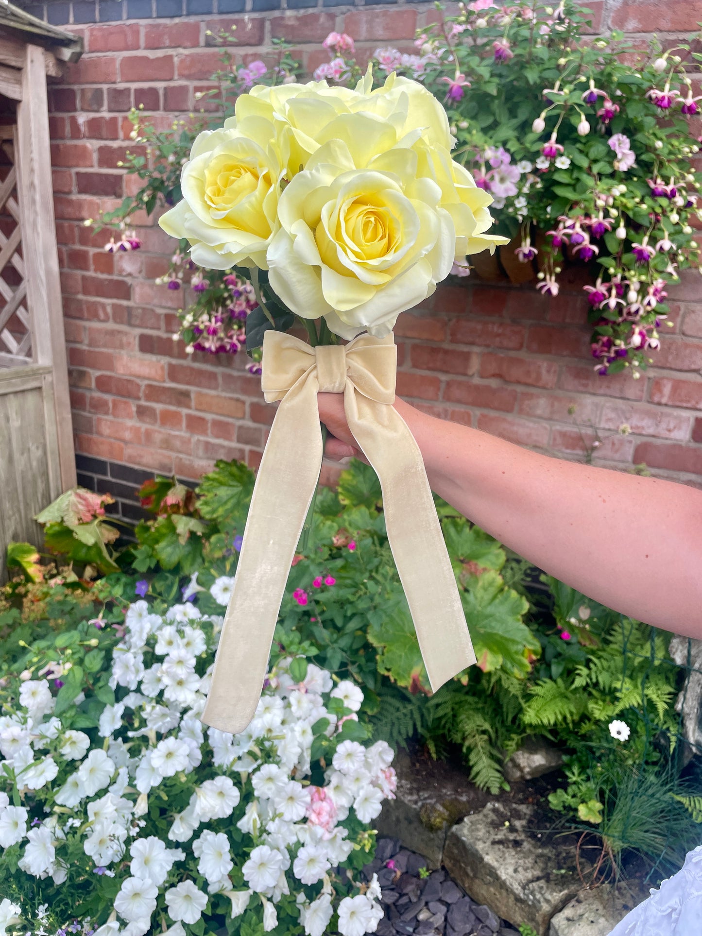 Custom Faux Rose Bridesmaid & Flower Girl Bouquets with Personalised Ribbon, Wedding Keepsake Flowers