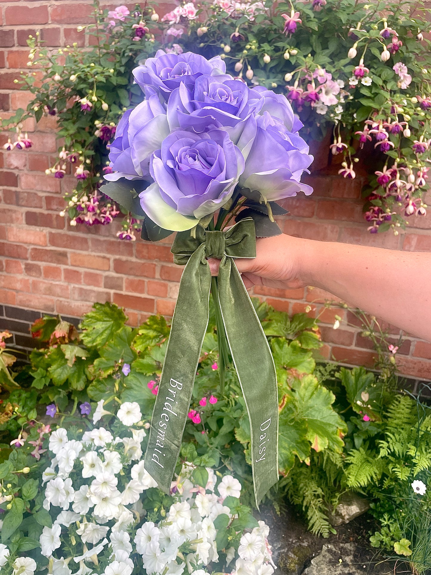 Custom Faux Rose Bridesmaid & Flower Girl Bouquets with Personalised Ribbon, Wedding Keepsake Flowers