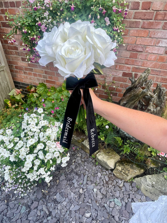 Custom Faux Rose Bridesmaid & Flower Girl Bouquets with Personalised Ribbon, Wedding Keepsake Flowers