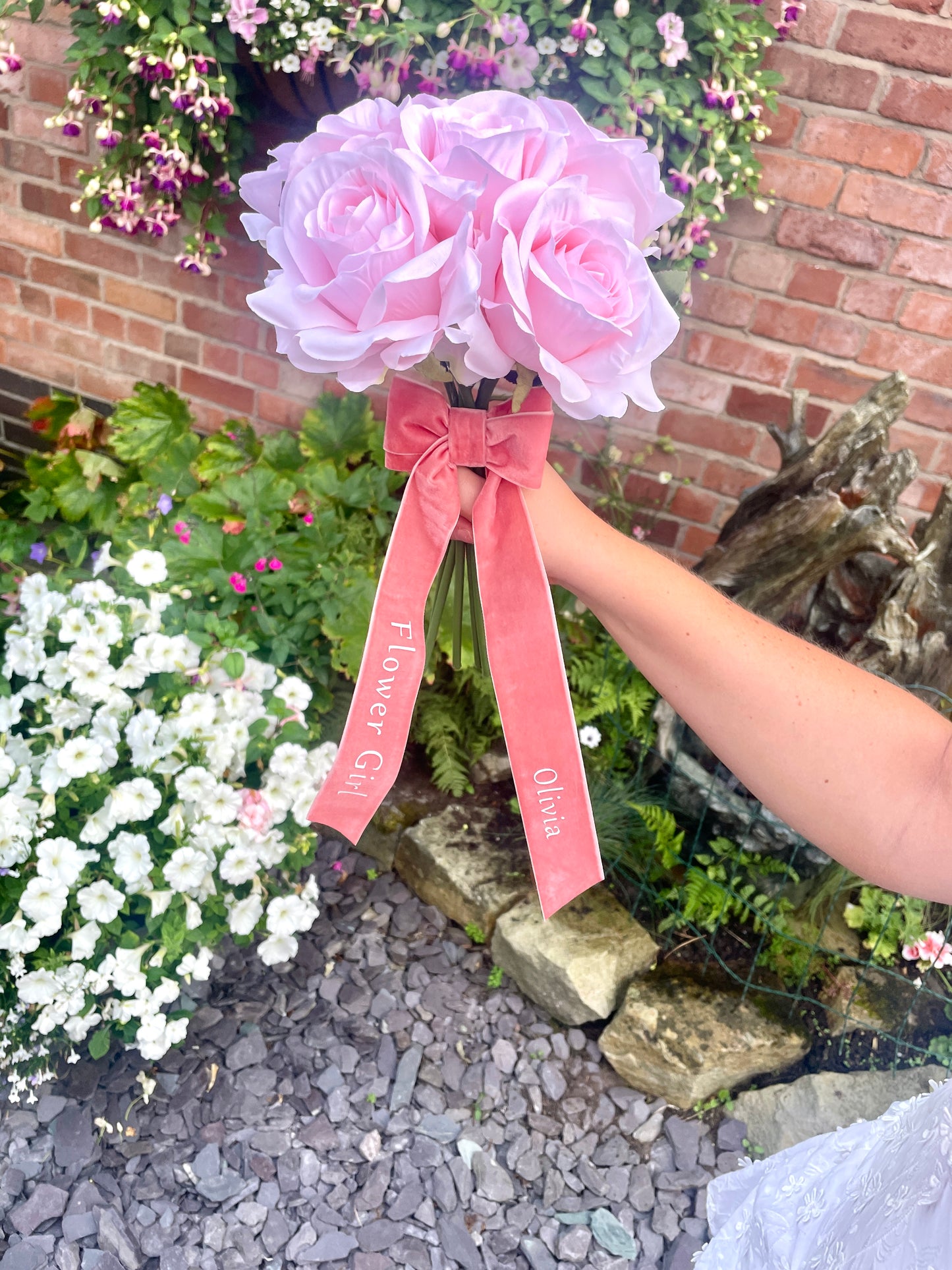 Custom Faux Rose Bridesmaid & Flower Girl Bouquets with Personalised Ribbon, Wedding Keepsake Flowers