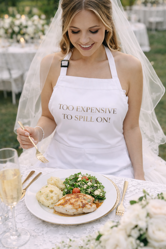 Too Expensive to Spill On Wedding Apron, White or Black with Gold Metallic Text, Bridal Dress Protection Apron