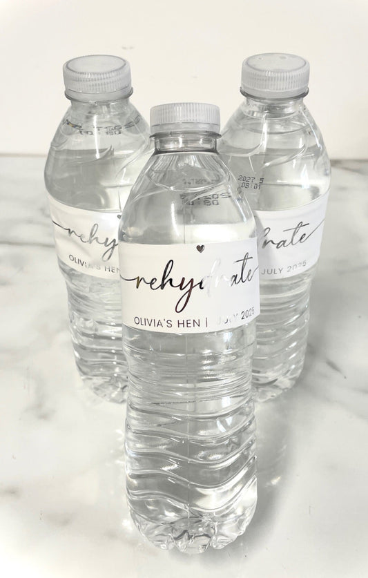 Personalised water bottle labels, ideal for hen parties and weddings, rehydrate recovery kits, self adhesive custom labels.