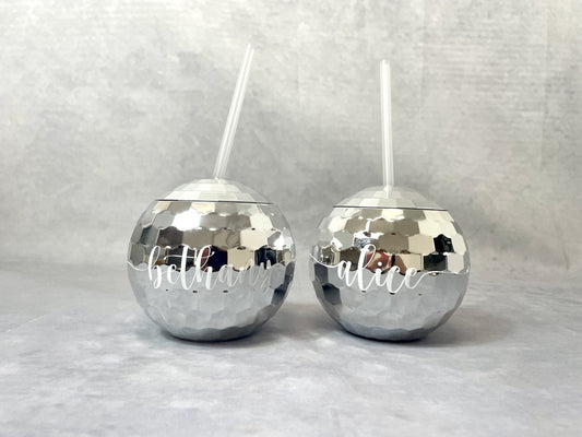 Personalised Disco Ball Cup with Straw, re-usable party cups, hen party bag fillers.