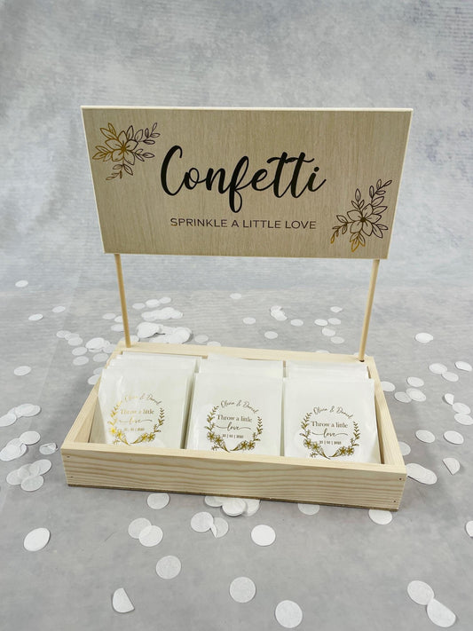 Wedding Confetti & Crate Set | Custom Gold foil Wedding Confetti bags and display crate | Rustic Wedding |  Personalised Pre-Filled Confetti