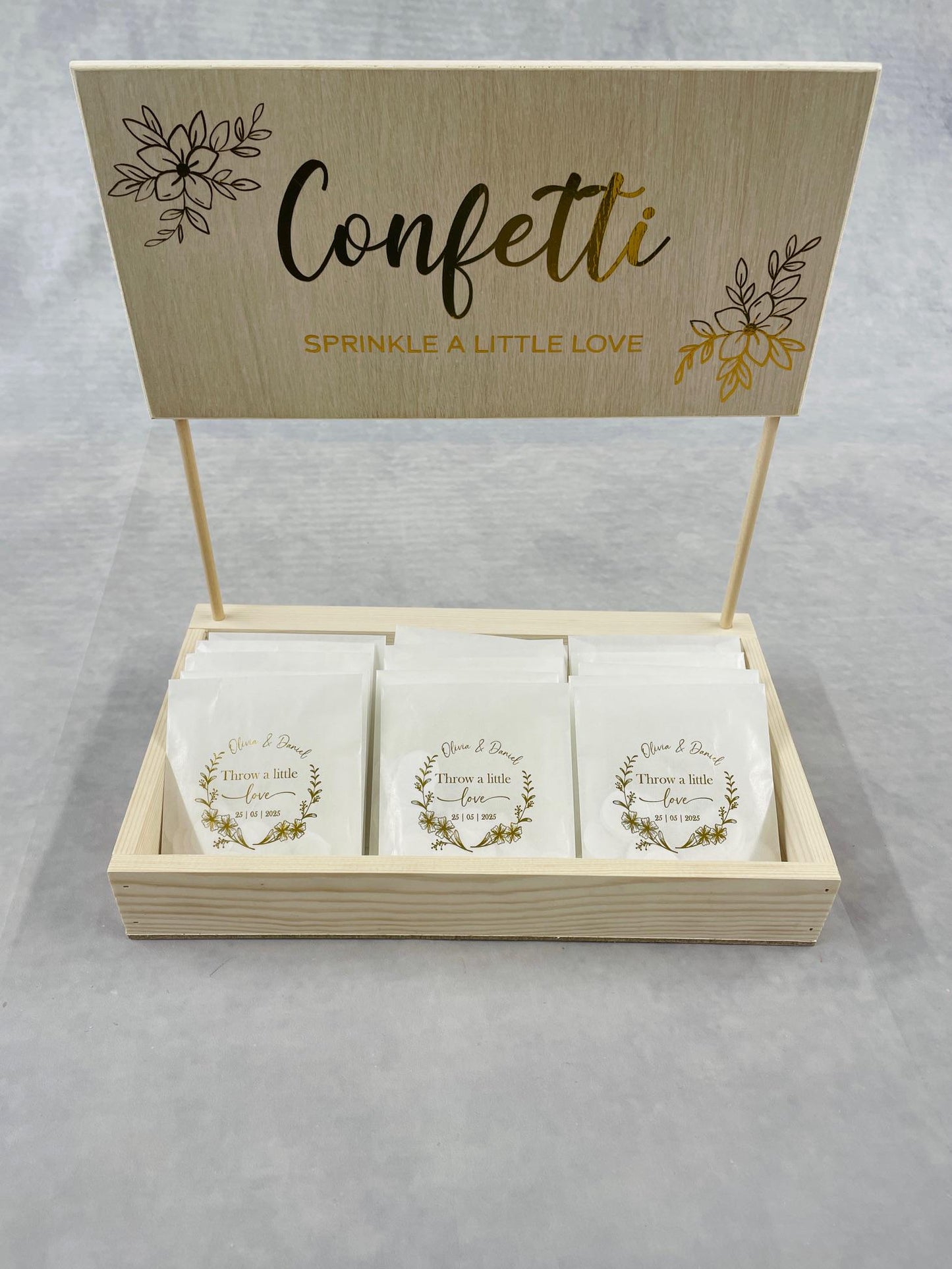 Wedding Confetti & Crate Set | Custom Gold foil Wedding Confetti bags and display crate | Rustic Wedding |  Personalised Pre-Filled Confetti