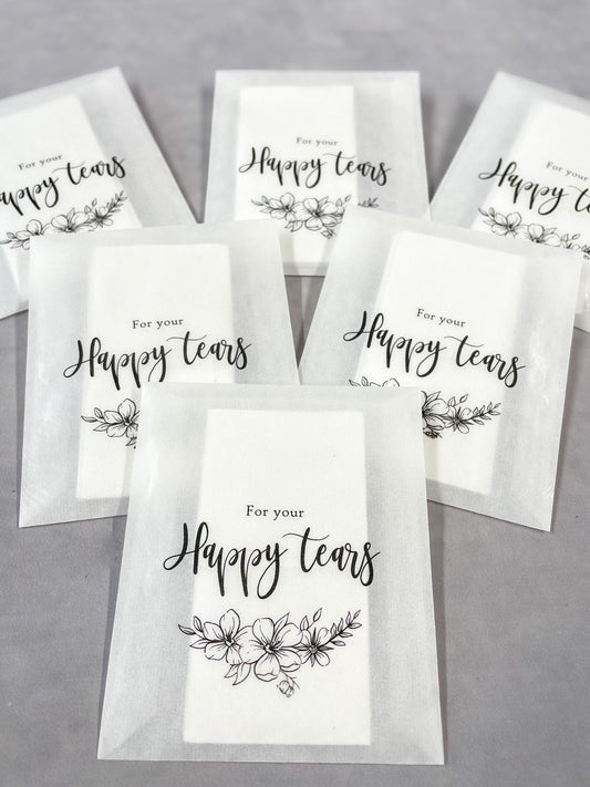 For your Happy Tears, Wedding Tissues, Pre Filled Wedding tissue packet, Wedding Guest Favours, Customisable Wedding Décor, Tissues included