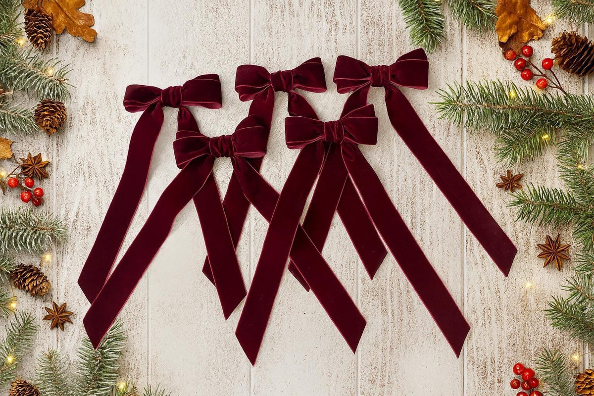 Handmade Velvet Christmas Tree Bows with Clip, long tail ribbon