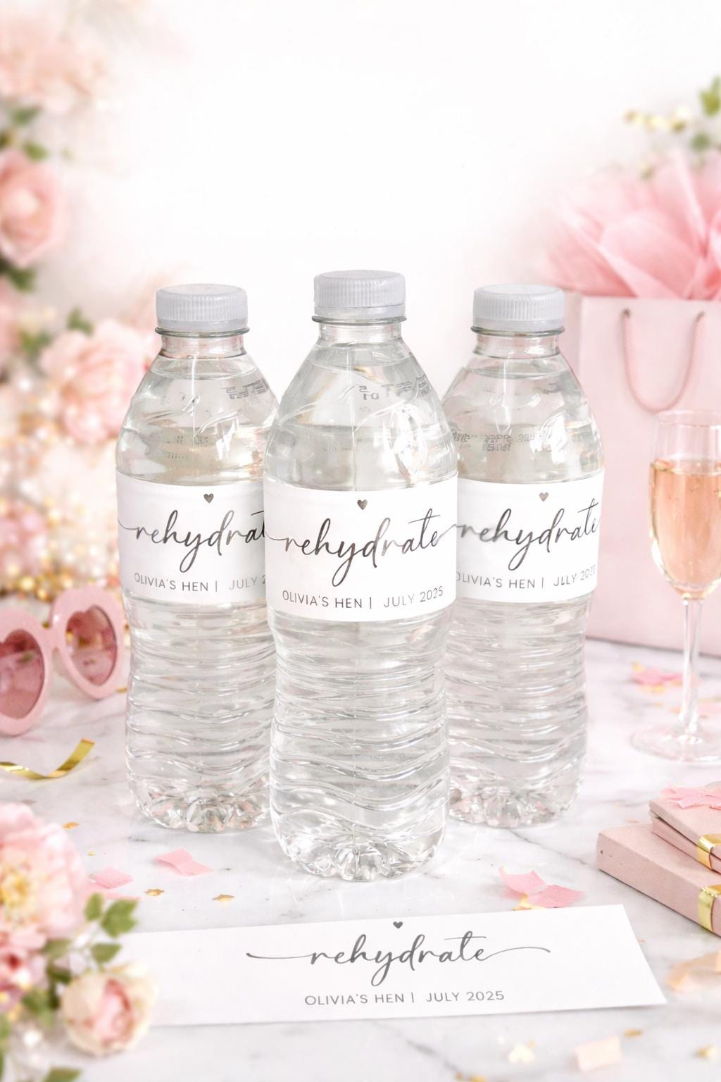 Personalized Hen Party Water Bottle Labels: Luxury Foil Rehydrate Stickers sheet of 7