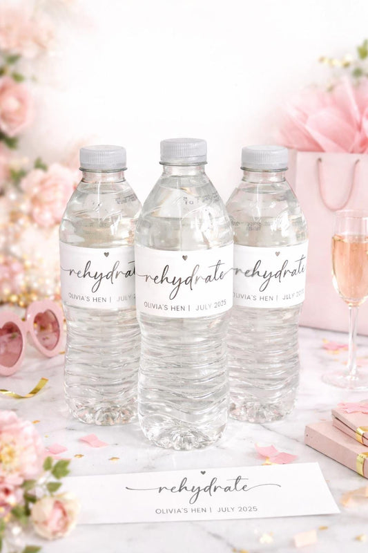 Personalized Hen Party Water Bottle Labels: Luxury Foil Rehydrate Stickers sheet of 7