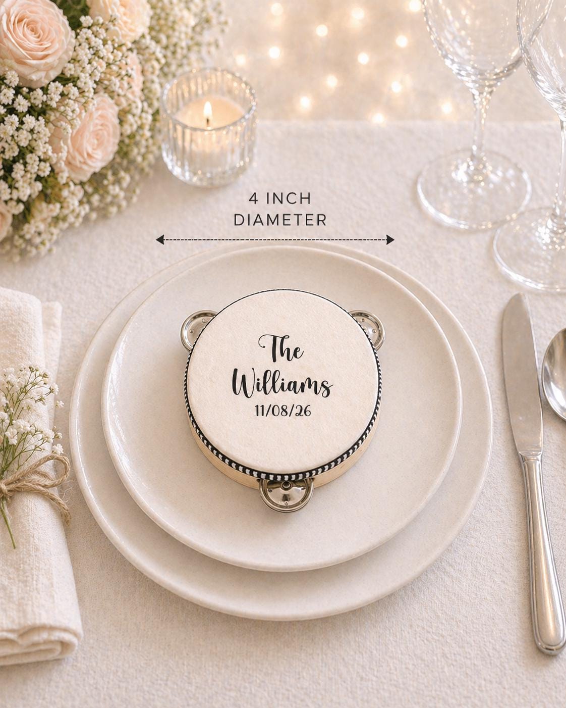 Personalised Wedding Tambourine Guest Place Setting | Wooden Dance Floor Prop Favour