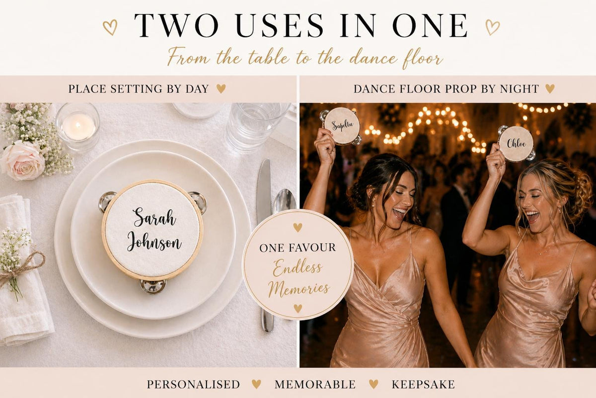 Personalised Wedding Tambourine Guest Place Setting | Wooden Dance Floor Prop Favour