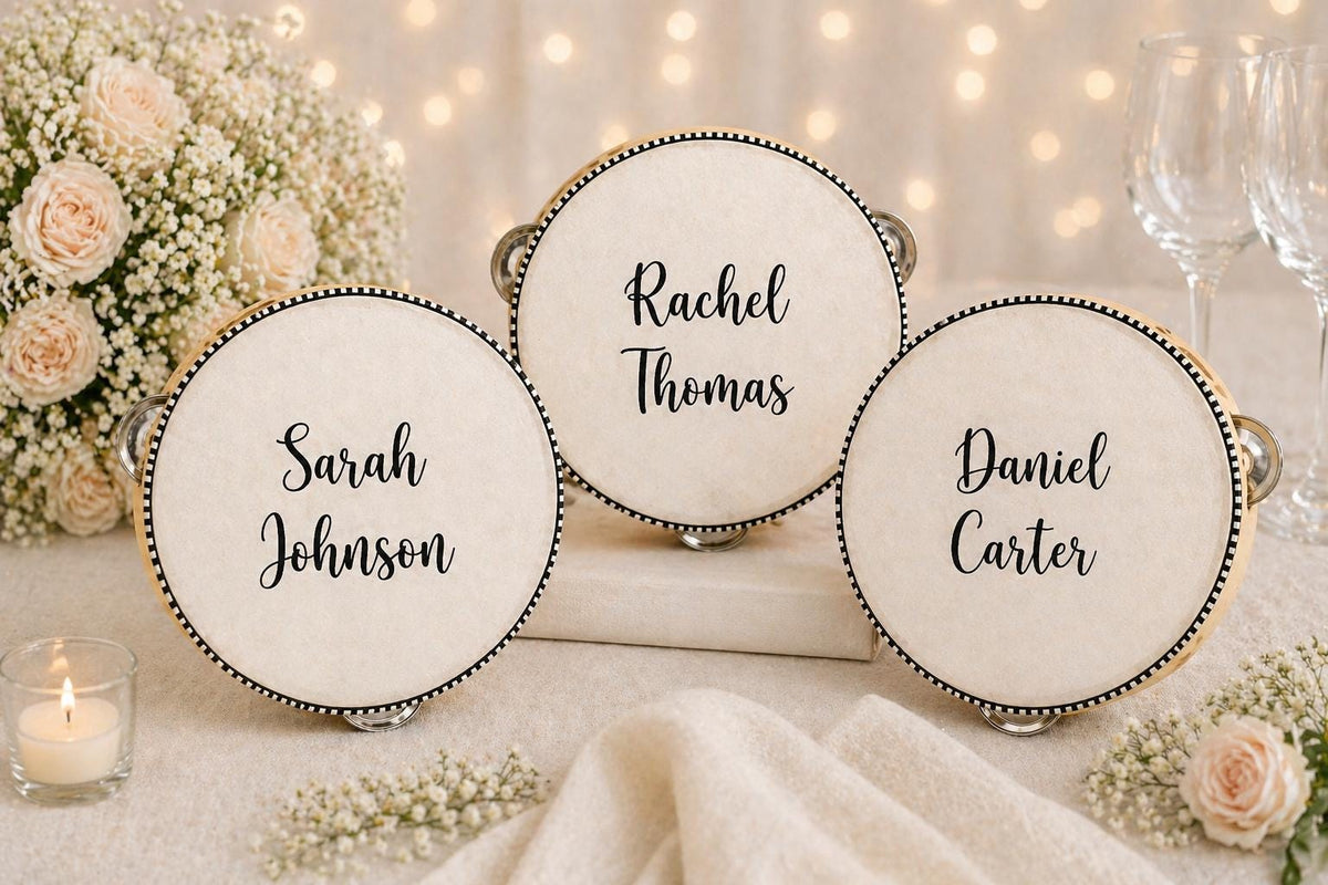 Personalised Wedding Tambourines | Guest Name Place Setting Favours, Dance Prop