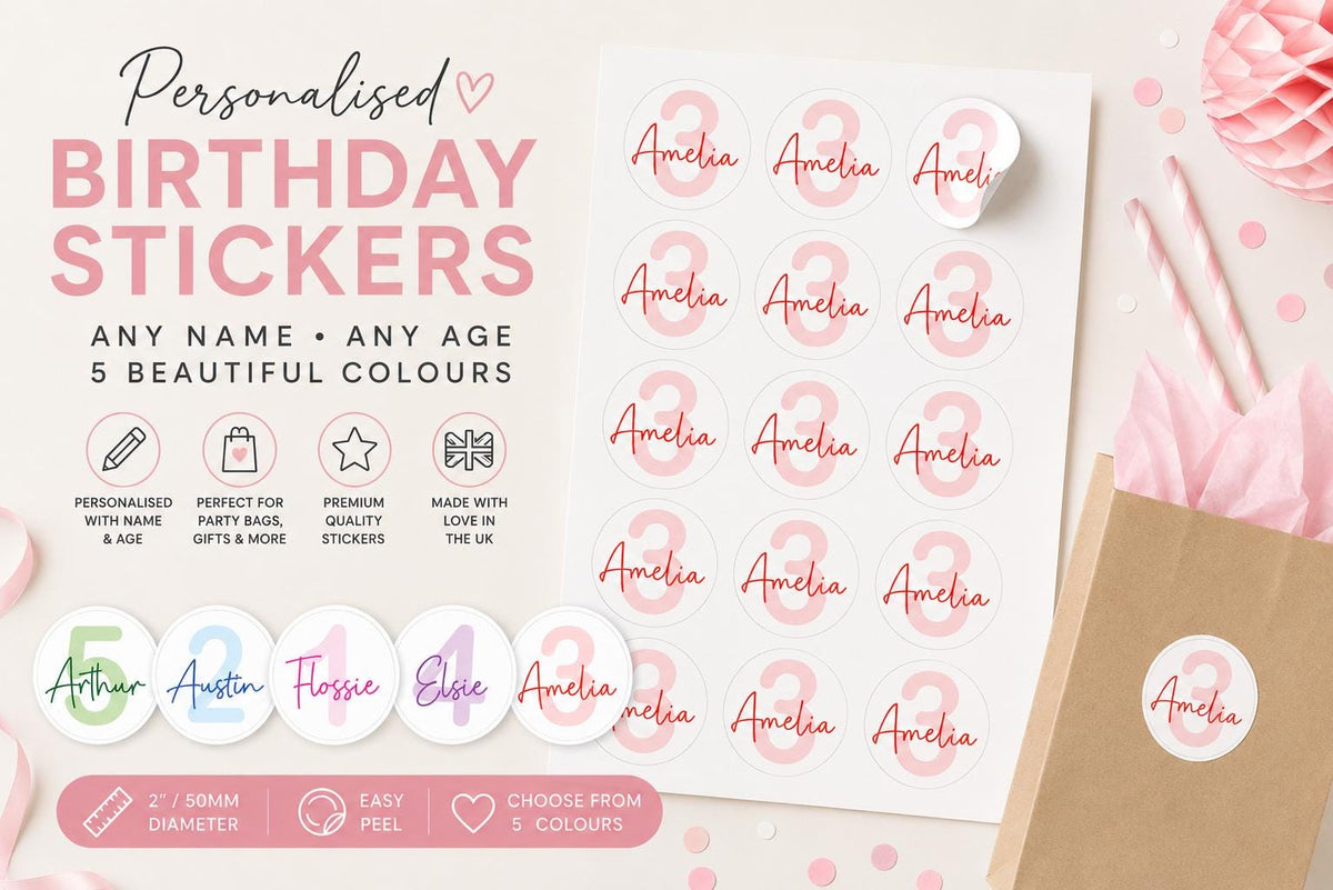 Personalised Birthday Stickers | Custom Name, Age, Party Bag Labels