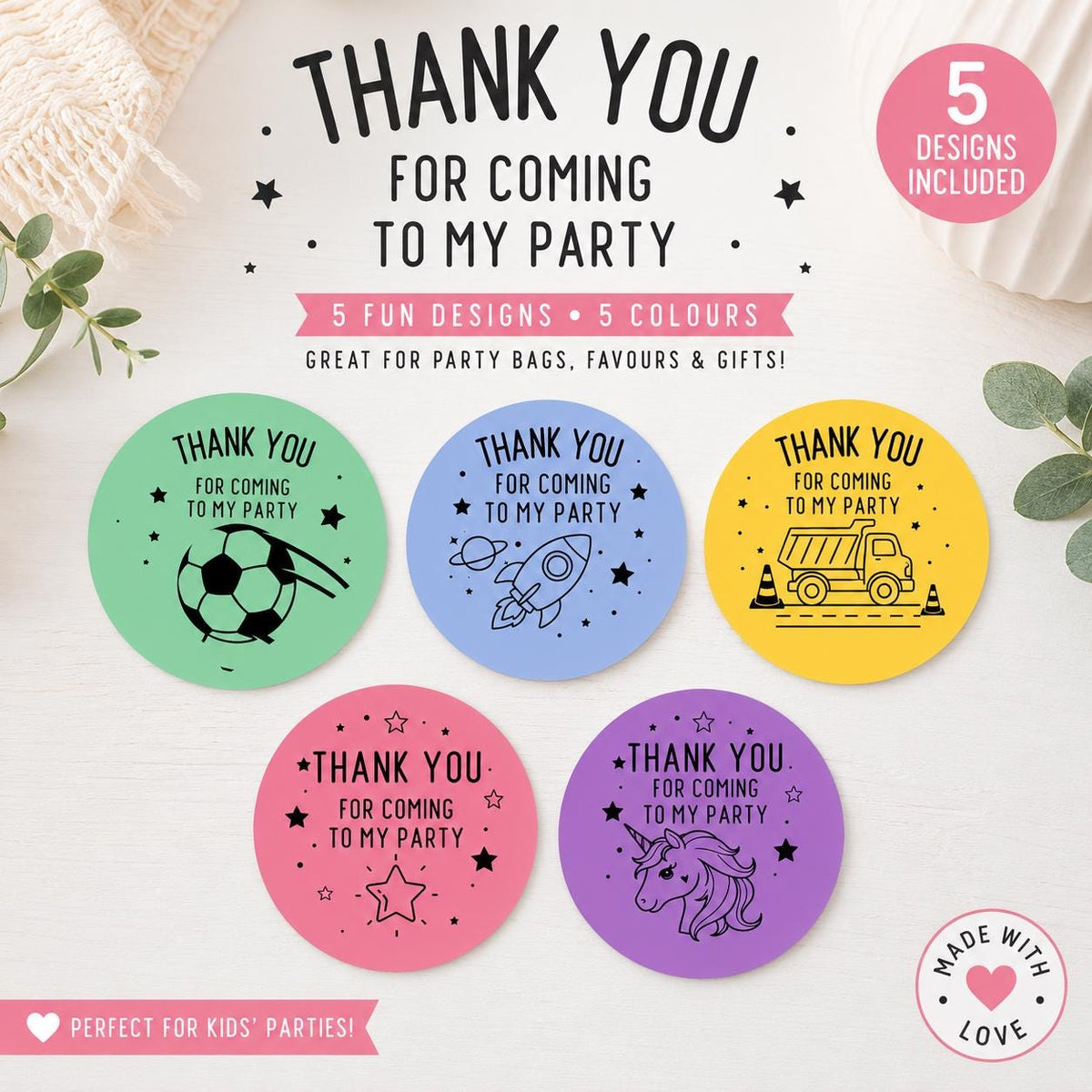 Kids Birthday Thank You Stickers | 10 Themed Party Bag Labels (51mm Round)