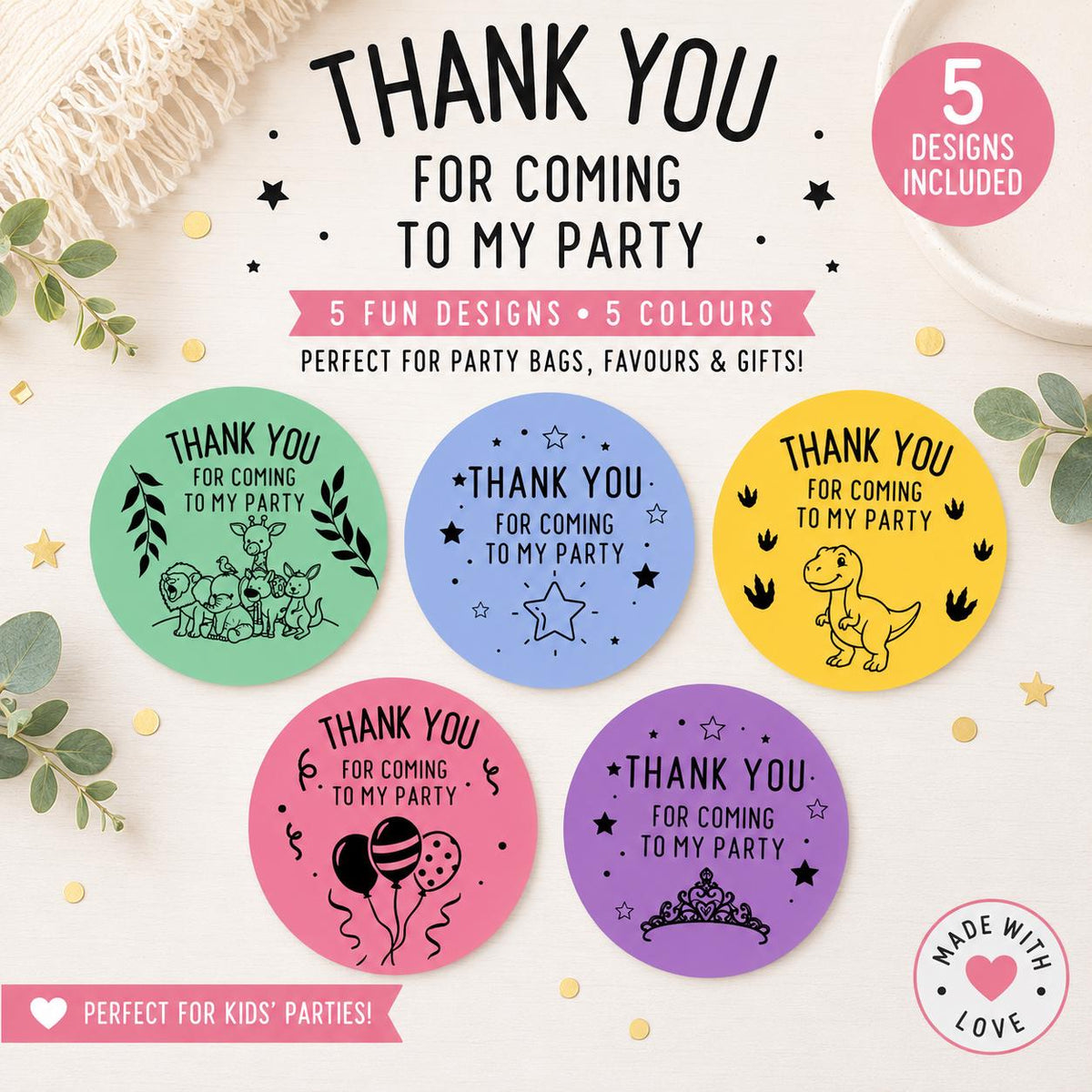 Kids Birthday Thank You Stickers | 10 Themed Party Bag Labels (51mm Round)