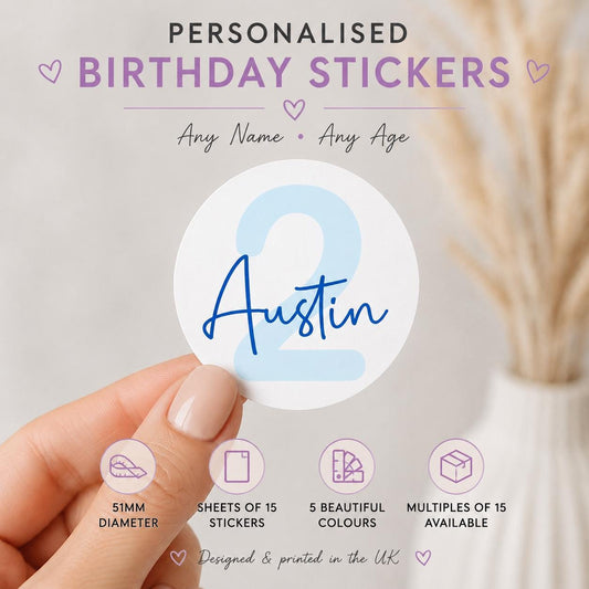 Personalised Birthday Stickers | Custom Name, Age, Party Bag Labels