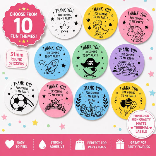 Kids Birthday Thank You Stickers | 10 Themed Party Bag Labels (51mm Round)
