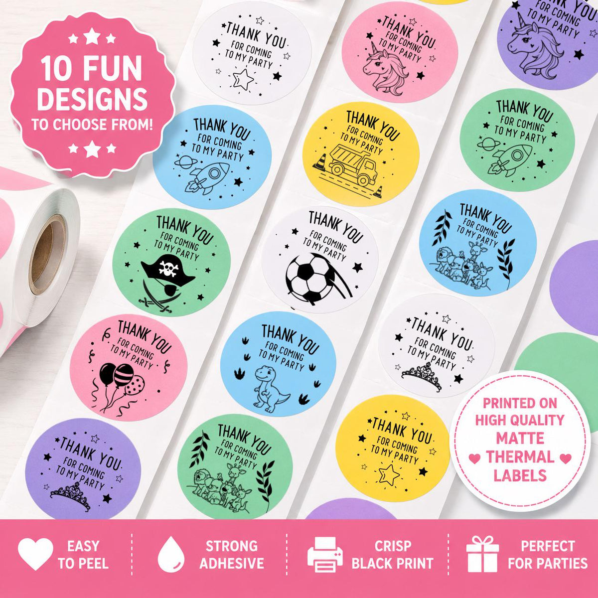 Kids Birthday Thank You Stickers | 10 Themed Party Bag Labels (51mm Round)