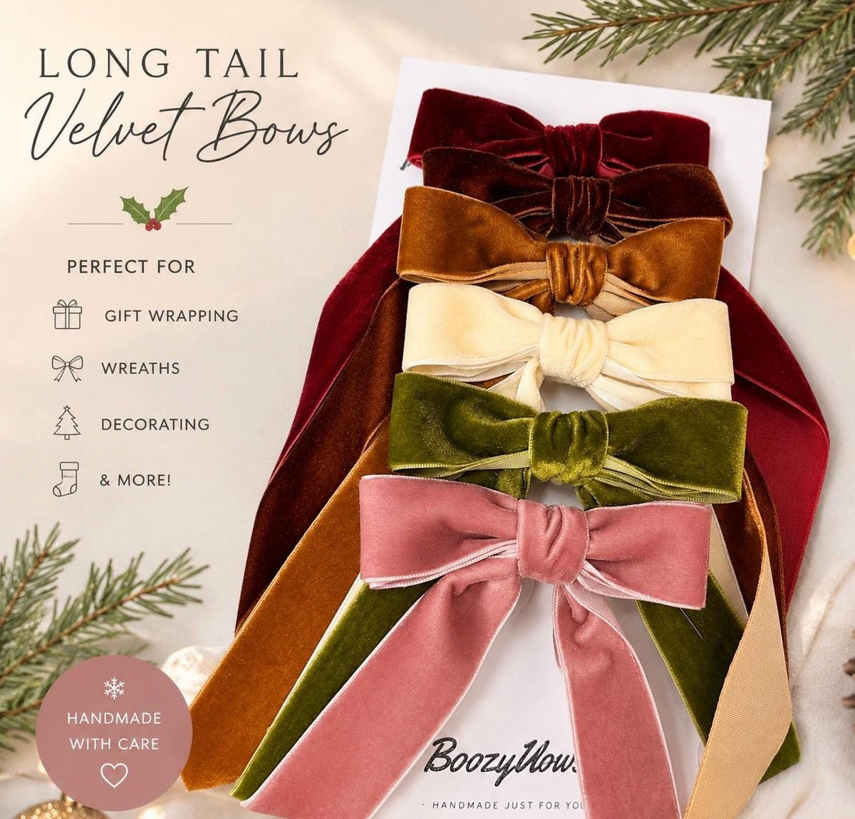 Handmade Velvet Christmas Tree Bows with Clip, long tail ribbon