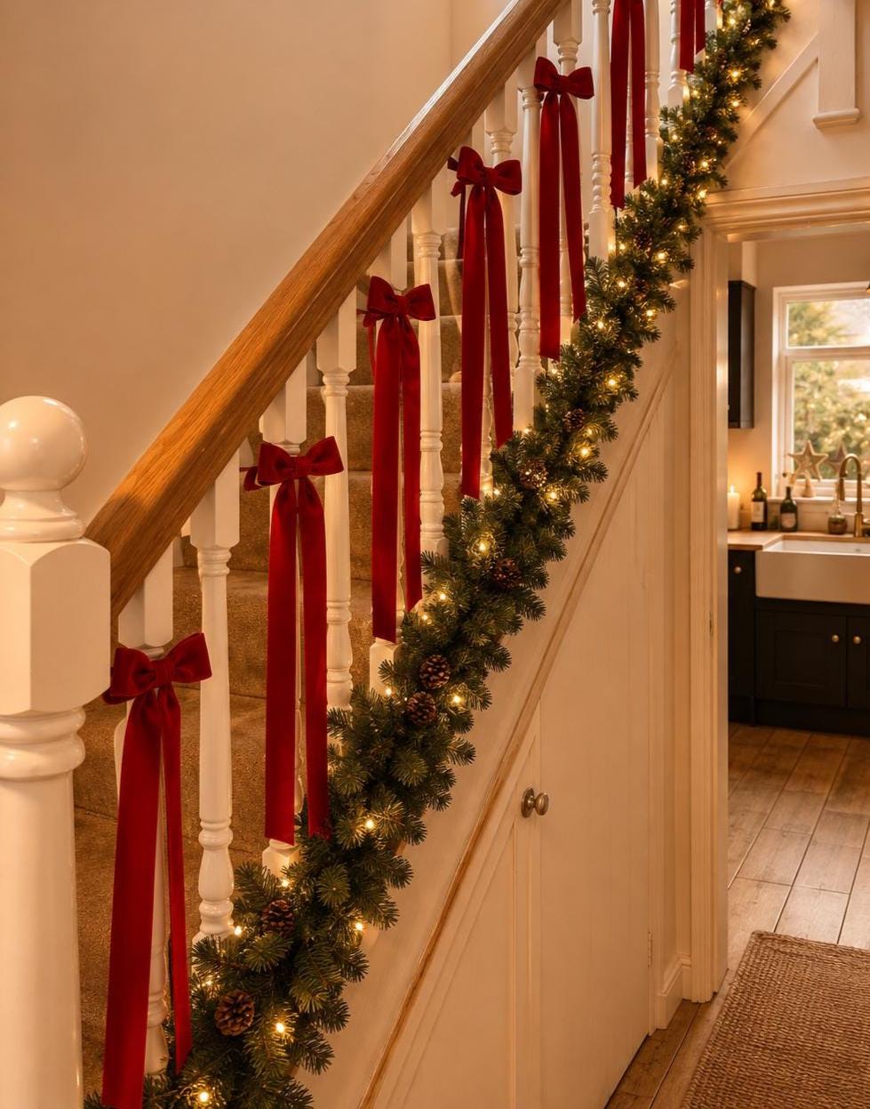 Velvet Christmas staircase bow