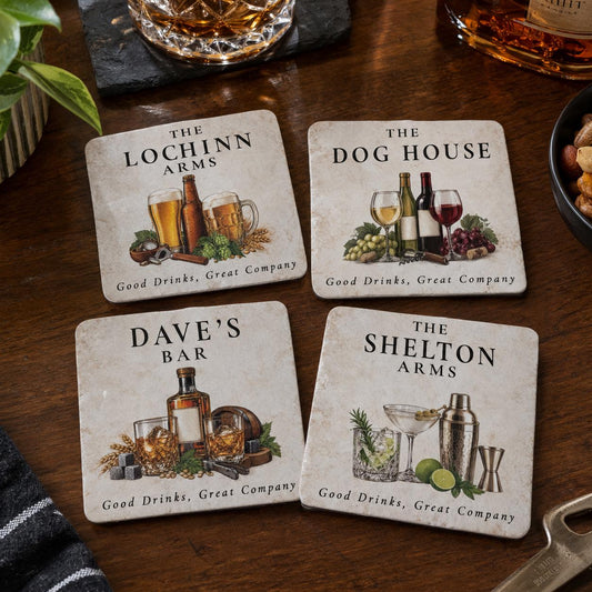 Personalised Home Bar Coasters, Custom Pub Bar Coaster, Personalised Beer Whisky Wine Cocktail Coasters, Home Bar Gift for Him