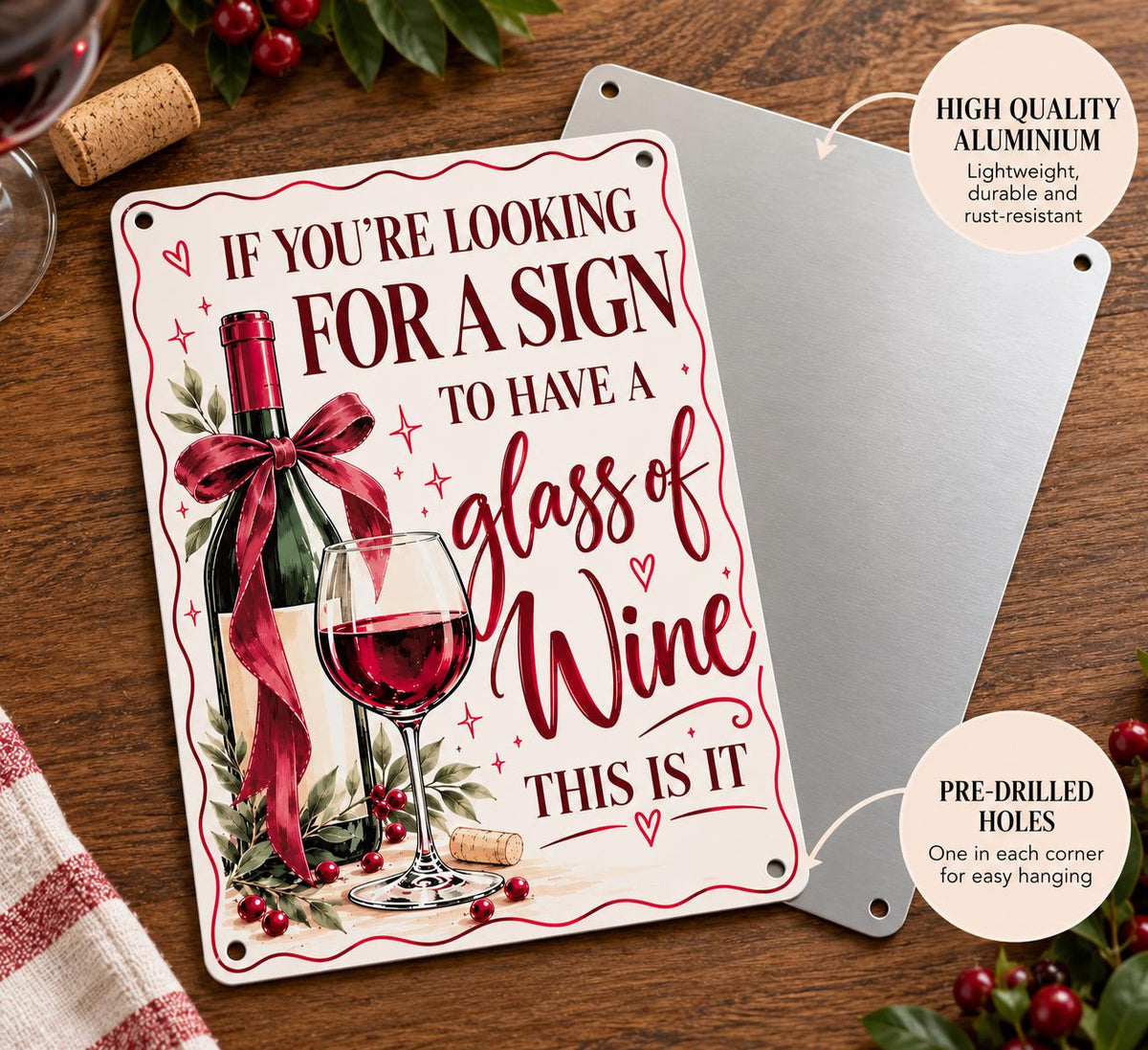 Wine quote aluminium metal sign for home bar or kitchen