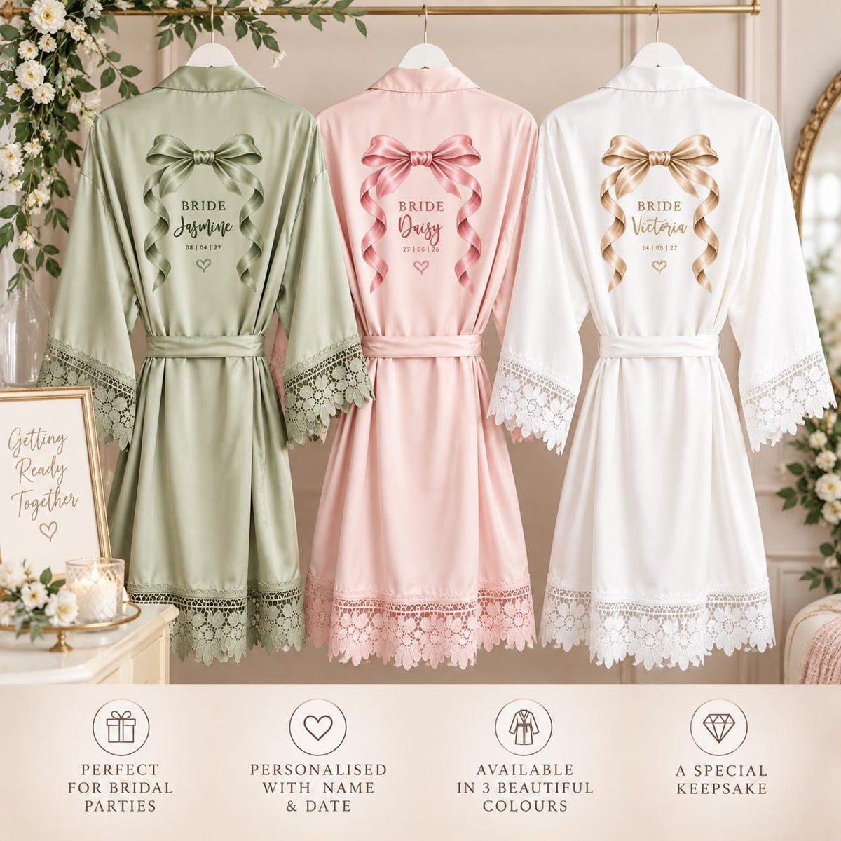 Personalised Bridal Robe, Bridesmaid Dressing Gown, Custom Bride Robe, Maid of Honour Wedding Robe, Bridal Party Getting Ready Gift