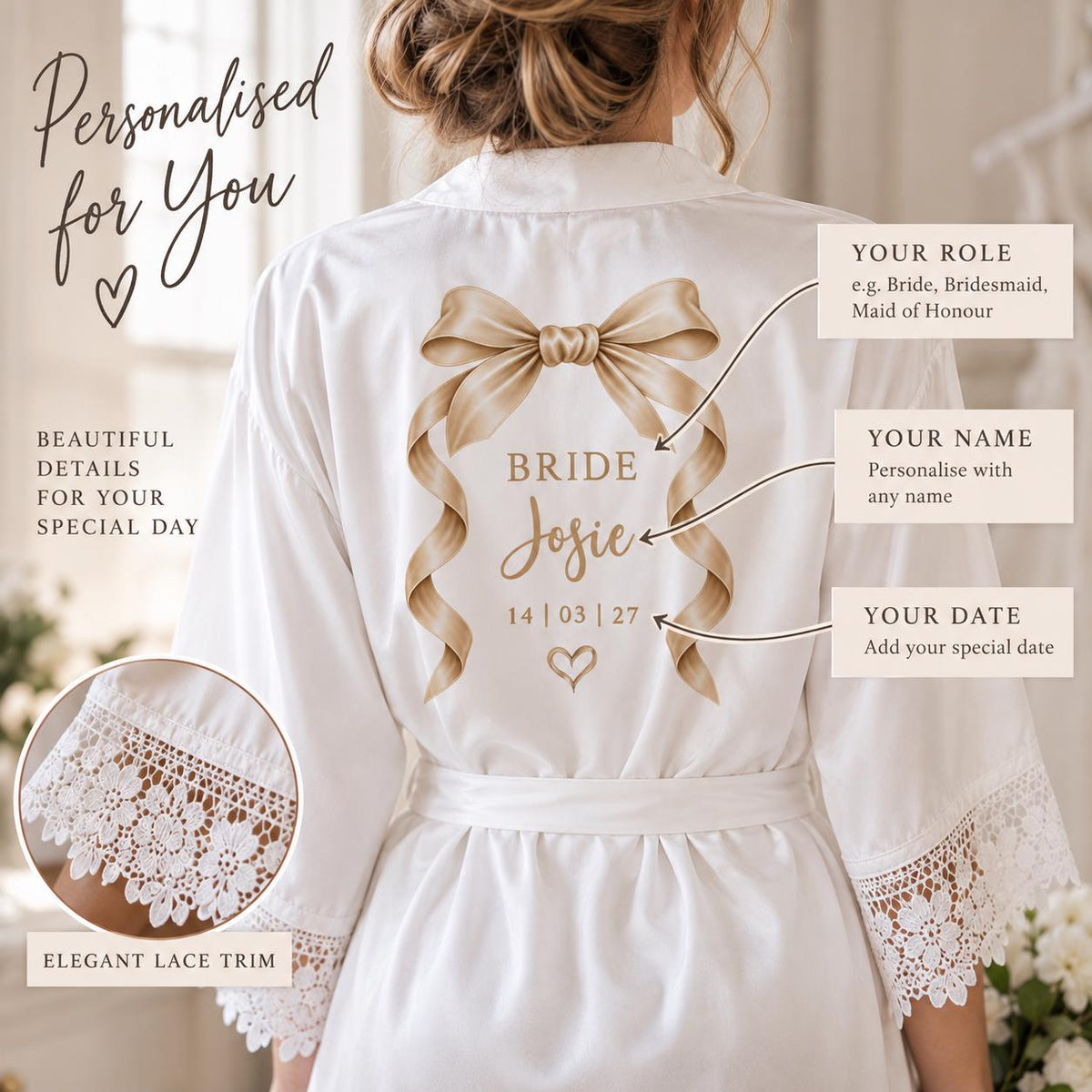 Personalised Bridal Robe, Bridesmaid Dressing Gown, Custom Bride Robe, Maid of Honour Wedding Robe, Bridal Party Getting Ready Gift