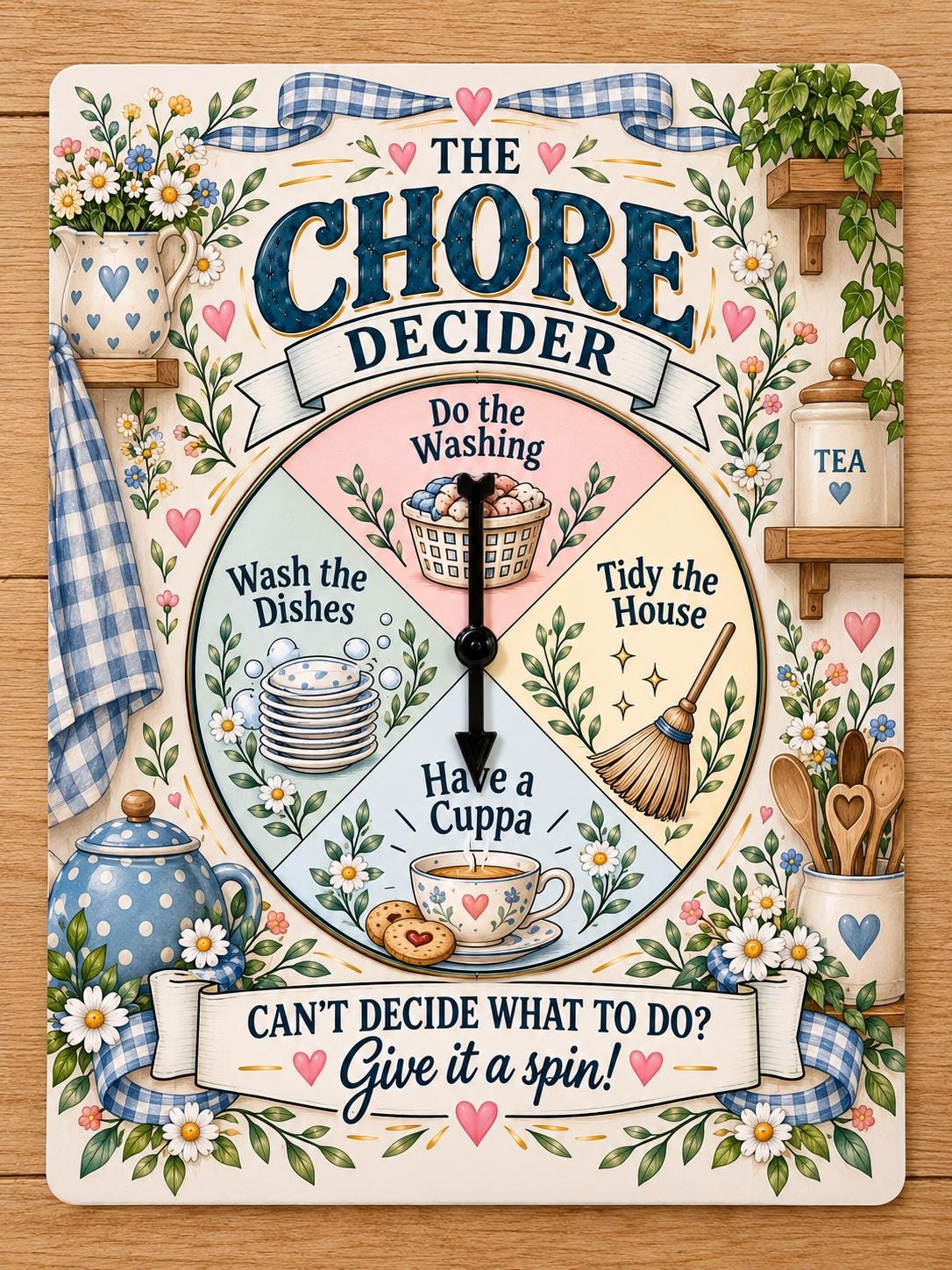 Funny Chore Decider Spinner Sign – Have a Cuppa Tea Lover Kitchen Gift