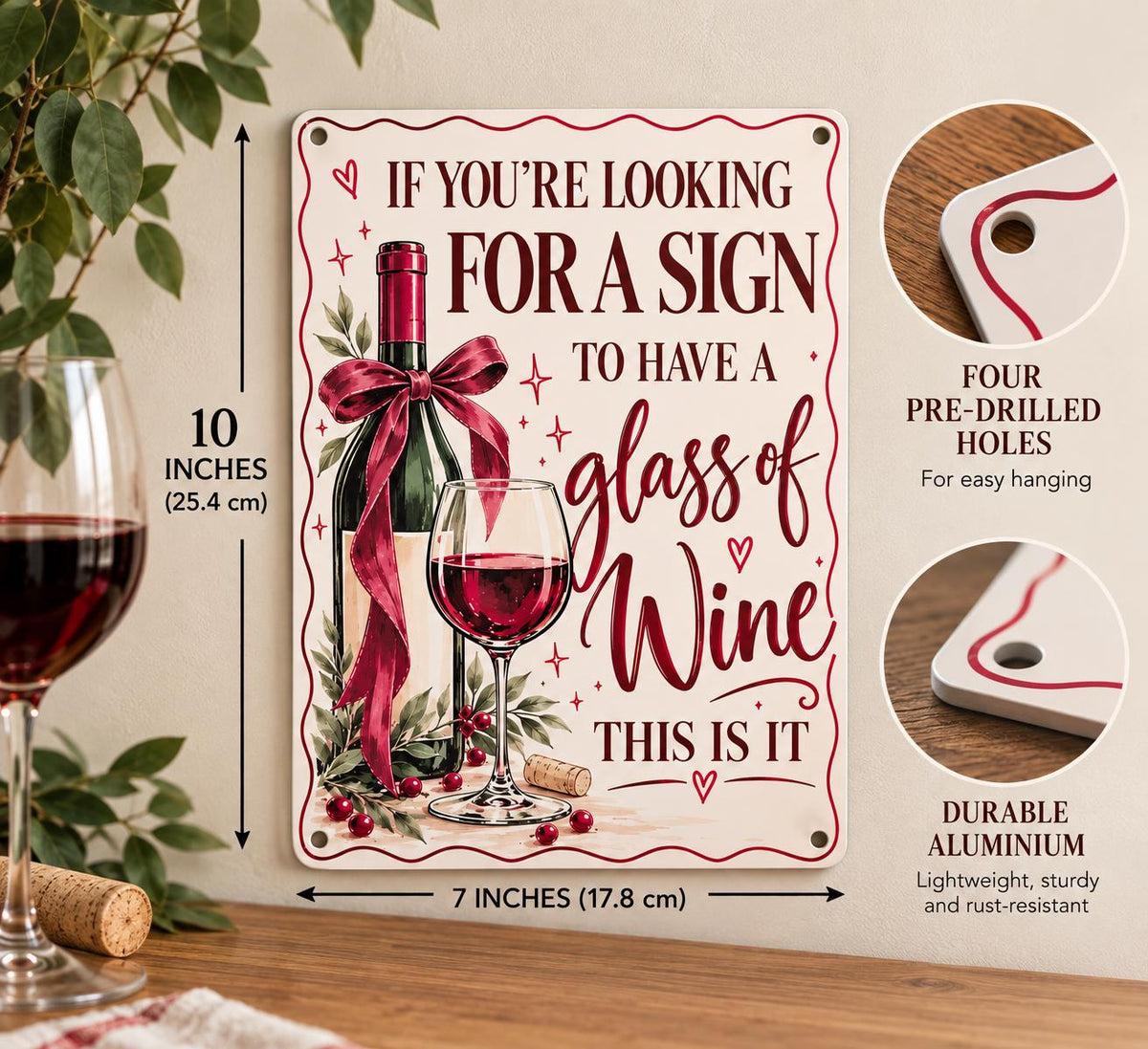 Wine quote aluminium metal sign for home bar or kitchen