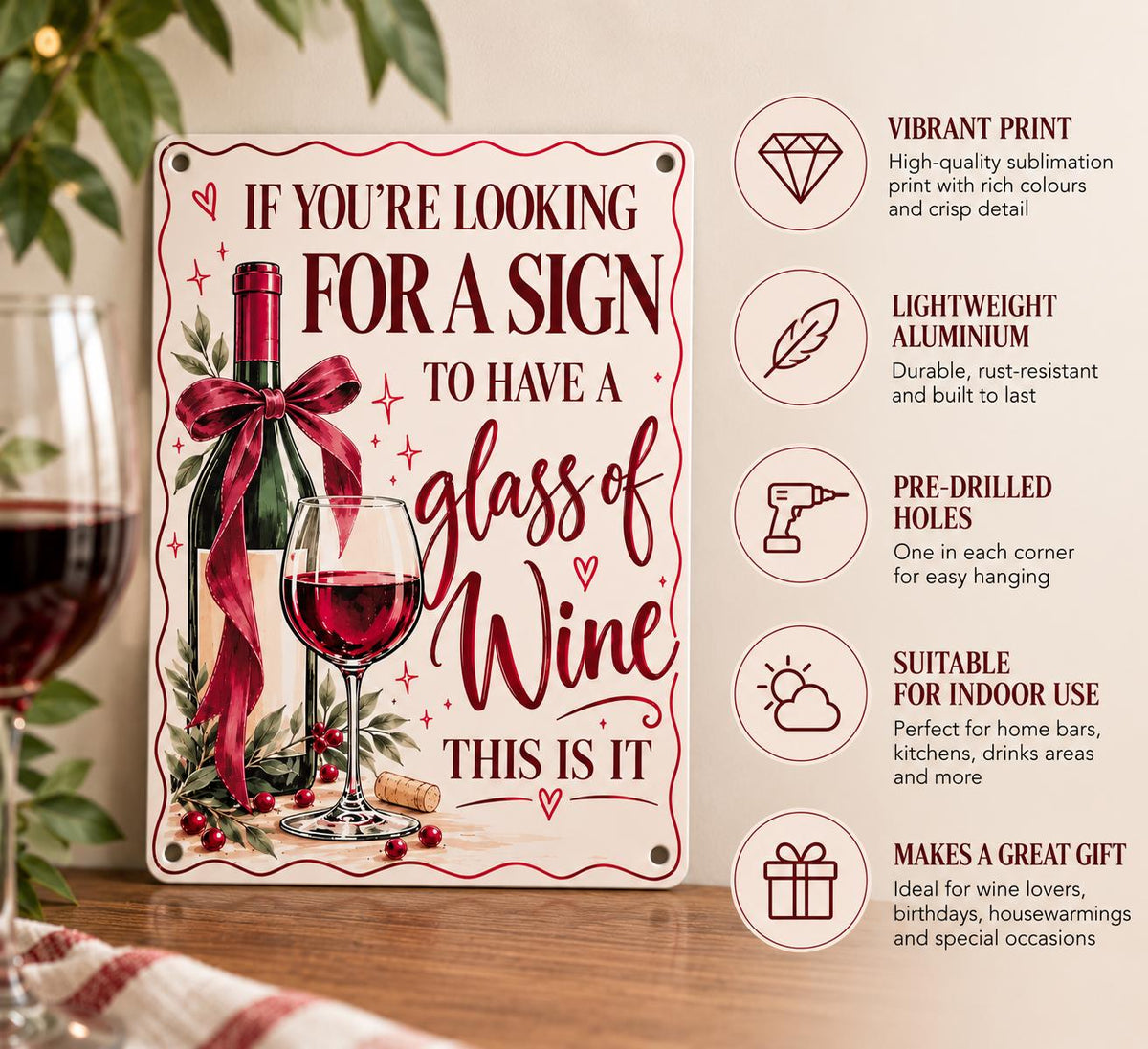 Wine quote aluminium metal sign for home bar or kitchen